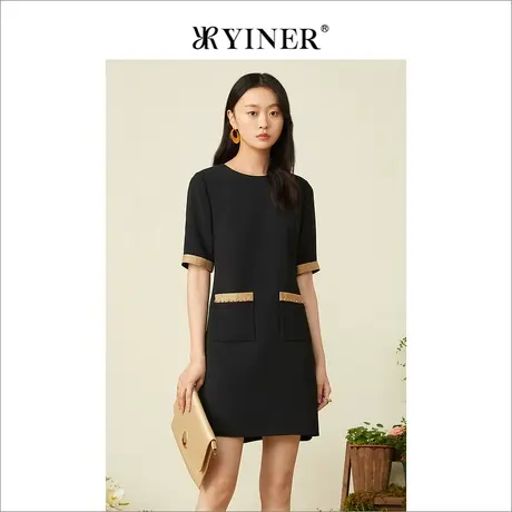 YINER音儿女装2022夏季撞色金线短袖圆领连衣裙图片