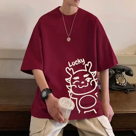 龙年短袖t恤男夏季新款卡通印花纯棉情侣半袖oversize潮流体恤衫商品大图