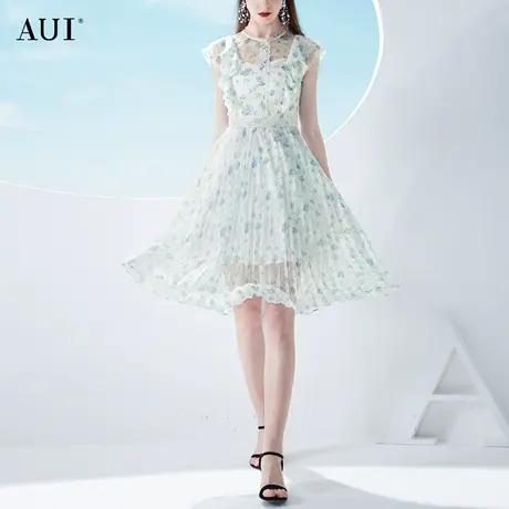 AUI蓝色法式雪纺碎花连衣裙女2023夏新款名媛气质高腰显瘦百褶裙图片