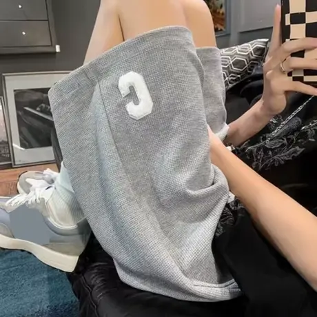 美式潮牌休闲外穿居家五分裤女夏装宽松高腰华夫格运动阔腿短裤商品大图