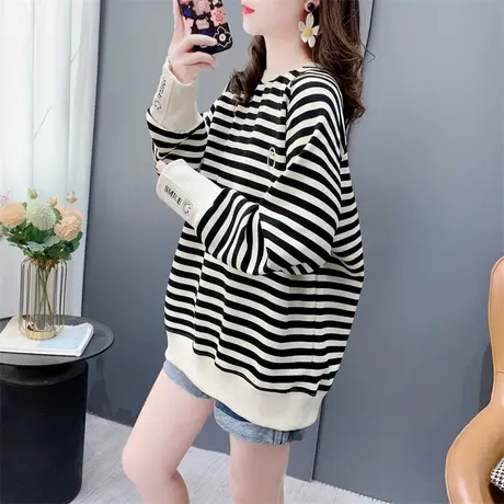 设计感条纹刺绣圆领卫衣女春季2024年新款宽松慵懒风休闲百搭上衣图片