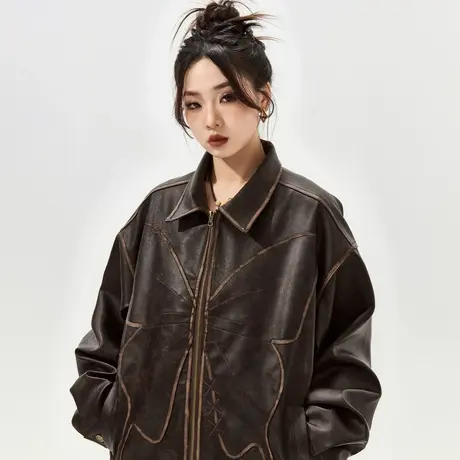 【好物体验专享】潮牌复古美拉德穿搭外套女春秋蝴蝶PU皮夹克宽松商品大图