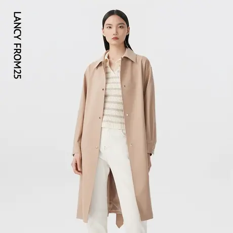LANCY/悦朗姿2023春季新款风衣外套女衬衫领收腰羊毛显瘦薄款大衣图片