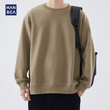 hansca卫衣男士秋冬款重磅美式潮牌纯色加绒加厚圆领宽松套头上衣商品大图