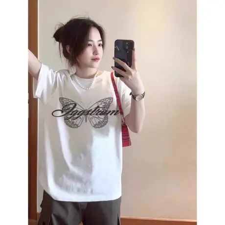 高街潮牌款特别T恤女夏季纯棉重磅短袖宽松半袖打底小众蝴蝶印花商品大图