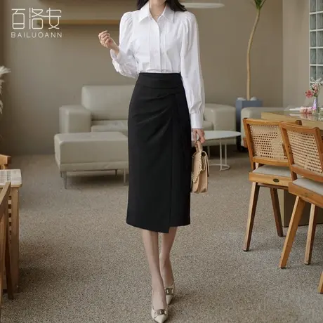 百洛安时尚不规则高腰包臀裙女半身裙春季新款气质通勤百搭中长裙图片