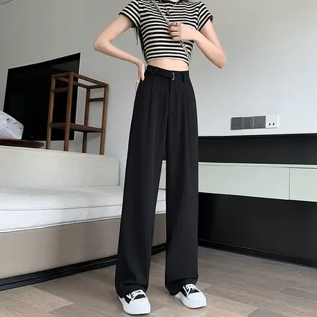 黑色西装裤女夏季薄款小个子高级垂感冰丝阔腿裤直筒休闲拖地长裤商品大图