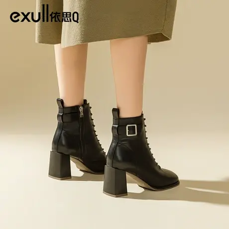 依思q方头高跟靴女2023年新款秋冬气质法式小踝靴中筒粗跟高跟鞋商品大图