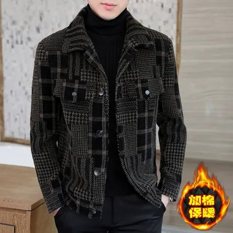 毛呢外套男士加棉冬季加绒加厚貂绒呢子夹克潮流男装加棉保暖上衣商品大图