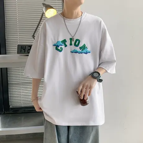 短袖男款夏季潮流宽松休闲t恤衫字母印花五分袖圆领体恤T男士上衣商品大图