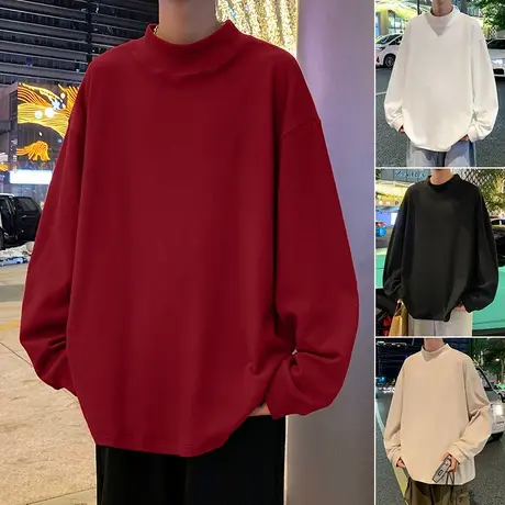 纯色半高领针织衫男秋冬季套头潮牌德绒打底衫长袖情侣内搭上衣服商品大图