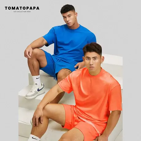 TOMATOPAPA短袖t恤圆领男宽松落肩透气体恤纯色居家情侣上衣套衫商品大图