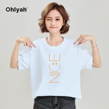 Ohlyah品牌 韩版溜肩白色t恤女装2023春夏新款笑脸印花百搭上衣服图片