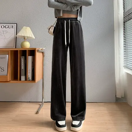 灰色窄版阔腿裤女春秋休闲裤子很垂感的裤子宽松显瘦雪尼尔直筒裤商品大图