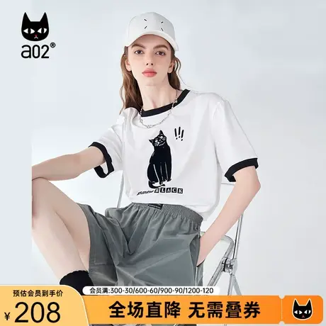 【趣玩】a02原创短袖T恤女2023夏季新品时尚宽松猫咪印花短袖上衣商品大图