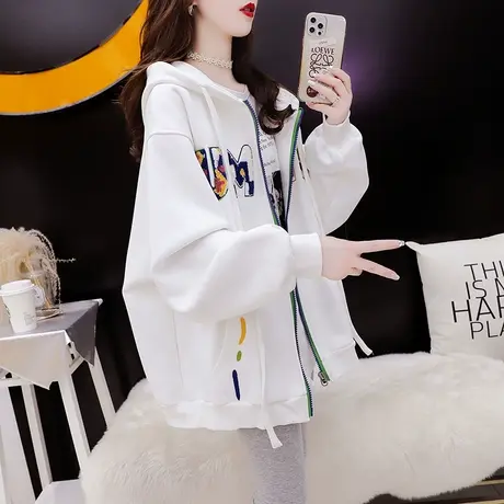 宽松休闲连帽卫衣开衫女2022新款秋冬洋气百搭慵懒风oversize外套商品大图