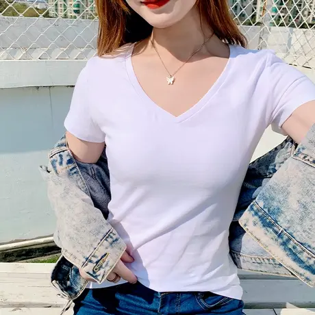 白色纯棉短袖t恤设计感女夏季ins潮v领修身显瘦上衣正肩百搭体恤商品大图