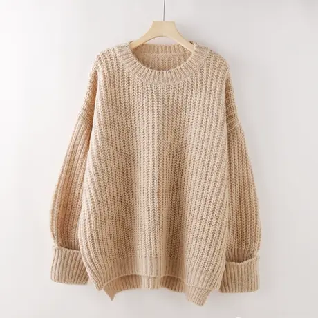 马海毛毛衣女秋冬2021新款前短后长圆领宽松外穿慵懒针织温柔上衣图片