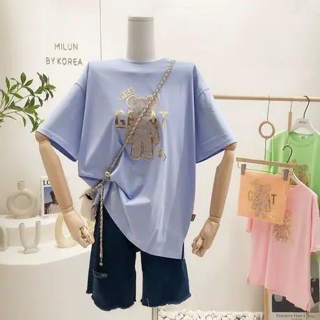 韩国东大门短袖上衣2022夏季小众设计感蕾丝烫金字母T恤宽松大码图片