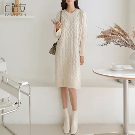 百洛安麻花毛衣女中长款打底毛衫秋冬新款韩版宽松大码针织连衣裙图片