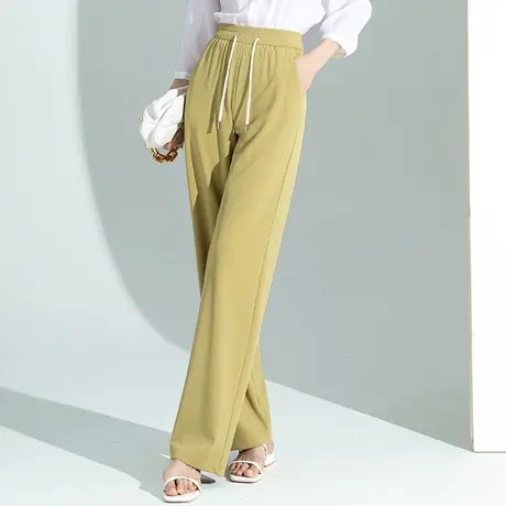垂感显瘦冰丝阔腿裤女夏季薄款2023新款裤子松紧腰窄版高腰直筒裤商品大图