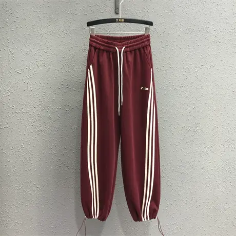 23秋季新款酒红色松紧腰宽松显瘦条纹撞色卫裤女潮百搭束脚哈伦裤图片