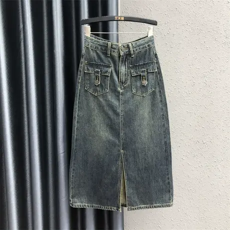 辣妹开叉半身裙女2023秋季新款个性口袋高腰显瘦中长款牛仔包臀裙图片