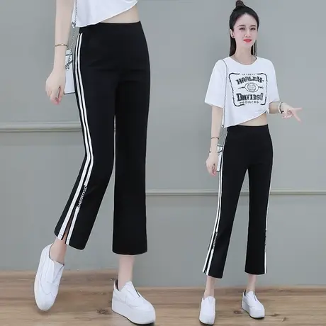 黑色开叉喇叭裤女夏八分薄款条纹运动裤小个子时尚显瘦微喇休闲裤图片
