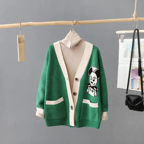 2023秋装新款宽松提花单排扣针织开衫女长袖V领外套毛衣休闲上衣图片