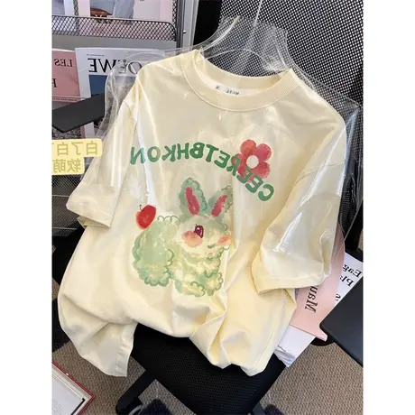 纯棉正肩短袖t恤女夏季宽松潮牌ins半袖设计感小众chic港味上衣服商品大图