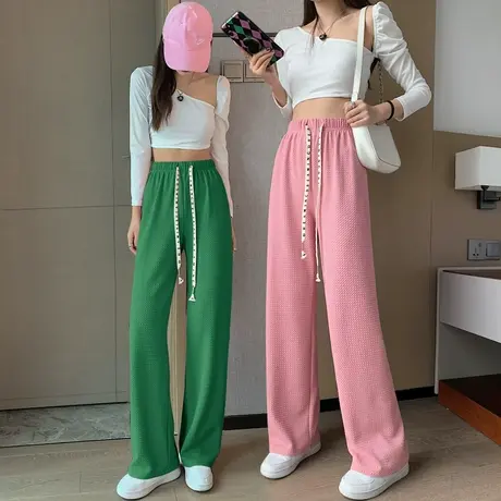 设计感泡芙裤女春夏季网红抽绳阔腿裤垂感宽松直筒绿色休闲拖地裤图片