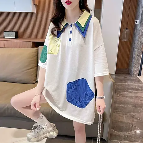 翻领短袖t恤女夏季韩版宽松大码女装中长款小众设计感撞色上衣服商品大图