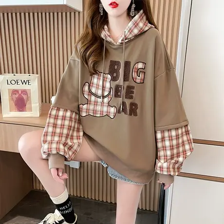 卫衣女早秋季韩版宽松设计感小众春秋薄款格子拼接假两件上衣外套图片
