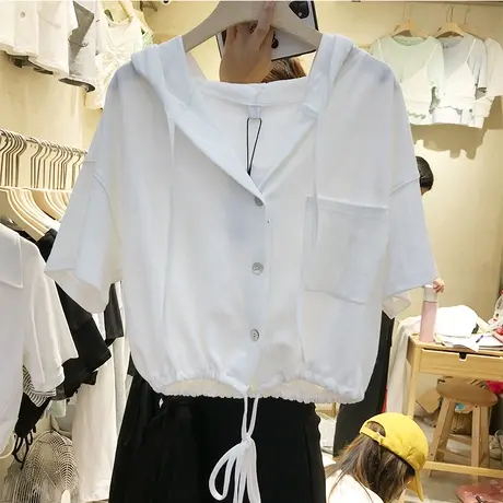 连帽短袖t恤女2022夏季新款宽松韩版潮学生半袖短款开衫上衣服ins商品大图