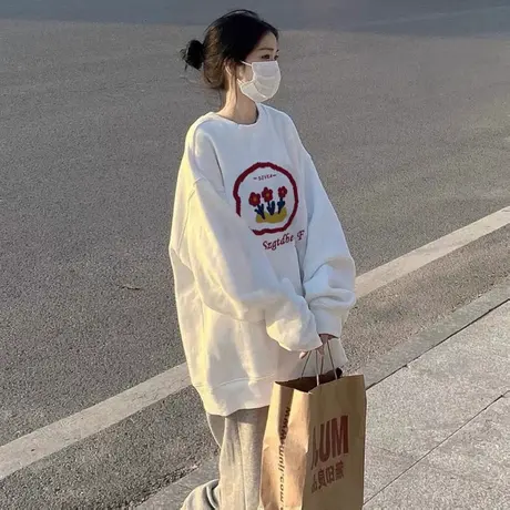 秋冬加绒圆领卫衣女款宽松奶fufu小众设计感原创潮牌oversize上衣图片