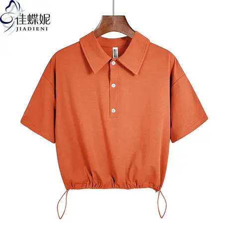 夏季新款polo领宽松短款纯棉抽绳纯欲休闲纯色短袖体恤上衣女打底商品大图