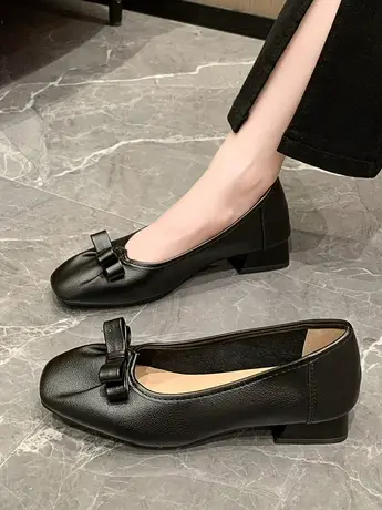 工作鞋女黑色方头粗跟久站不累脚软底中跟职业上班舒适浅口单鞋女商品大图