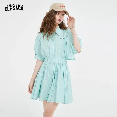 妖精的口袋衬衫连衣裙女2023夏季新款多巴胺条纹气质镂空休闲长裙商品大图