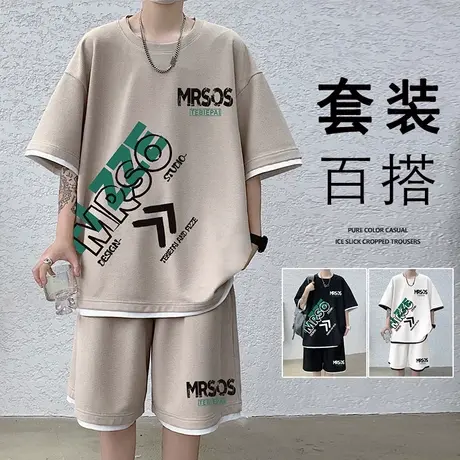 时尚套装男夏季薄款休闲短袖T恤运动短裤两件套宽松潮牌家居服装商品大图
