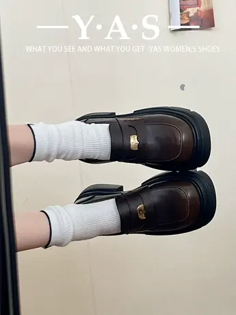 棕色复古百搭英伦风厚底小皮鞋女2024新款春季圆头法式粗跟乐福鞋图片
