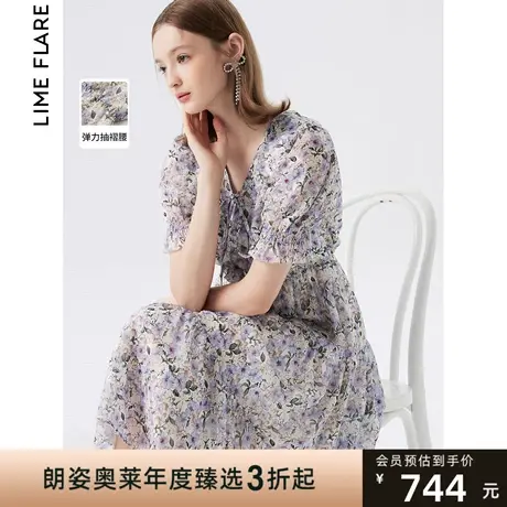 朗姿莱茵茶歇裙法式碎花裙2023荷叶边泡泡袖高级感连衣裙夏季新款商品大图