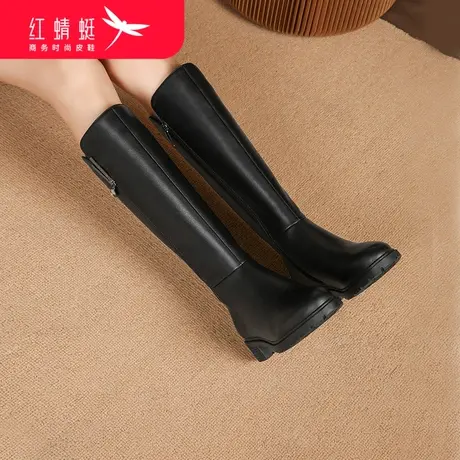 红蜻蜓女鞋女靴长筒靴秋冬新款保暖粗跟圆头休闲时尚百搭舒适软皮商品大图