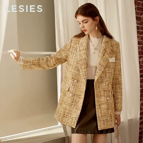 LESIES蓝色倾情秋冬季女装新款格子西装领淑女双排扣毛呢大衣外套图片