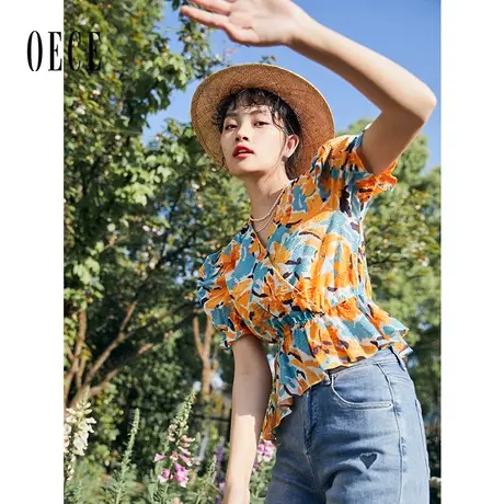 Oece复古碎花衬衫2022夏装新款女装法式显白V领泡泡袖收腰上衣图片