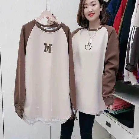 2023冬季新款欧货拼色刺绣圆领加绒T恤女中长款宽松休闲薄绒上衣图片