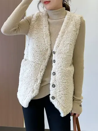 小香风羊羔毛背心马甲V领尖角女冬新款2023皮毛一体时尚韩版外套图片