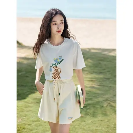 茵曼趣味百搭T恤2023夏季女装新款舒适纯棉修身显瘦圆领短袖上衣商品大图