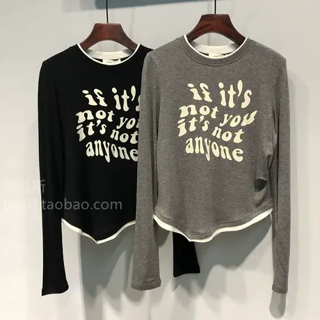 23秋装韩国东大门新款字母图案撞色拼接天丝羊毛假两件长袖T恤女图片