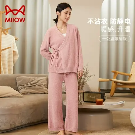 猫人女士睡衣秋冬季红色加绒加厚长袖开衫和服可外穿家居服套装图片