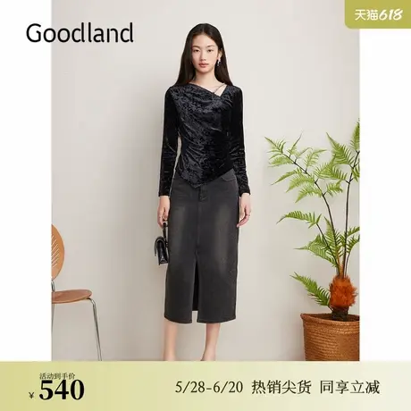Goodland美地秋季优雅衬衫不对称荡领雪花丝绒上衣商品大图